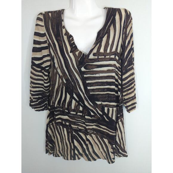 Nic+Zoe Zebra Striped V-Neck Blouse - Size PP - Cream & Brown Animal Casual Top - Picture 1 of 8